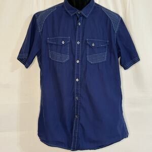 MEK Denim Men’s Large Blue Short Sleeve Button Up Shirt Embroidered Crest